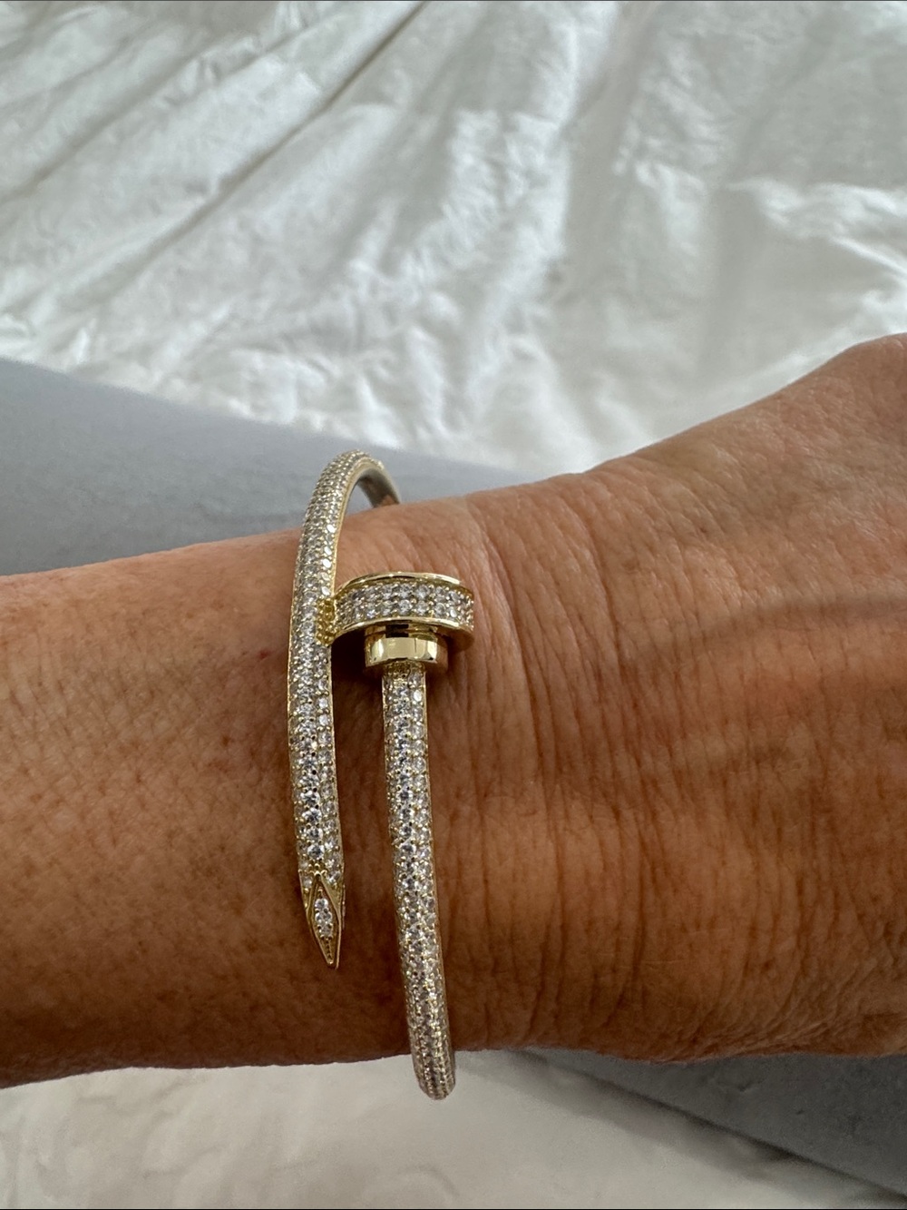 Gold Pavé Nail Cuff Bracelet with Clear Stones